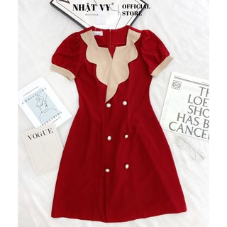 Đầm dự tiệc Nhật Vy cổ vuông cách điệu tay ngắn đính cúc dáng ôm chất lụa phù hợp công sở dạo phố đi chơi  - D2614
