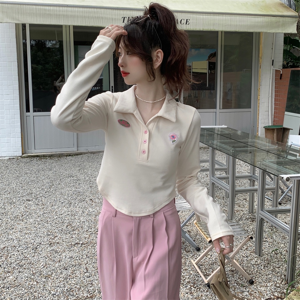 Áo thun ZHELIHANGFEI cổ polo tay dài ôm dáng in họa tiết phong cách học đường thời trang ngọt ngào