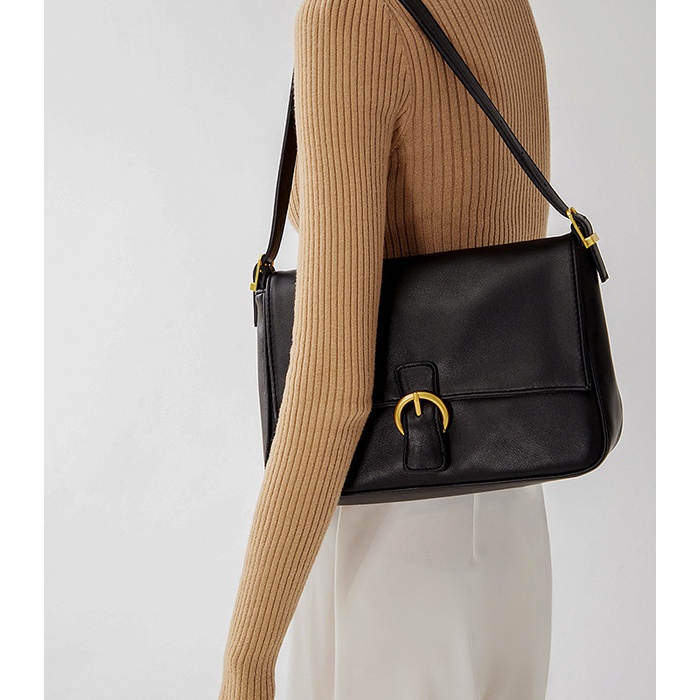 Niche Túi Tote Cỡ Lớn Bề Mặt Mềm Màu Đen Phong Cách Retro Dễ Phối Đồ