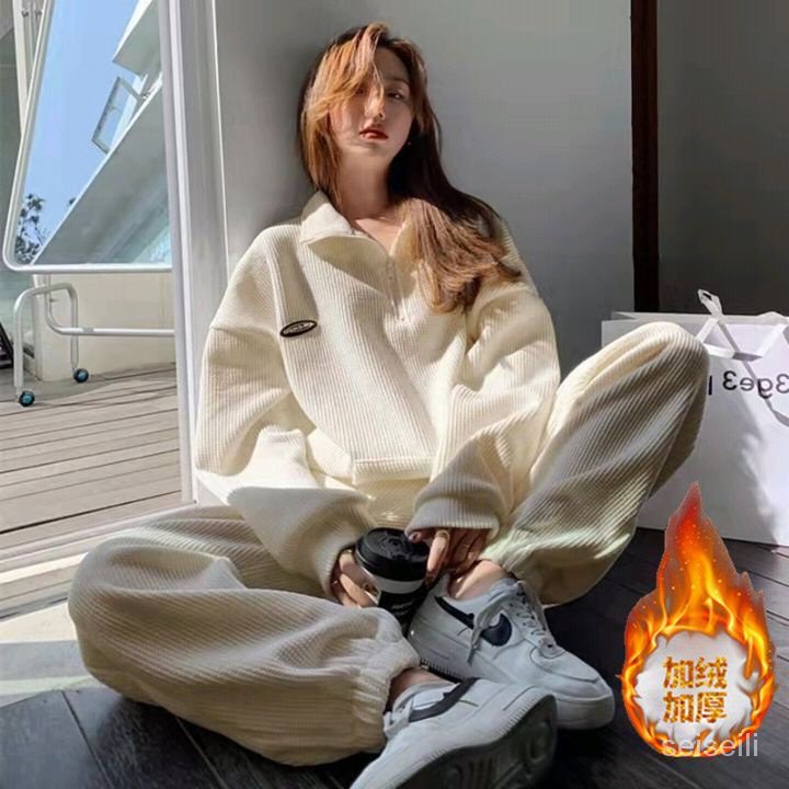 Bộ Đồ Thể Thao Hai Mảnh Lót Lông Cừu Dày Dáng Ôm Phong Cách Phương Tây Hợp Thời Trang Cho Nữ