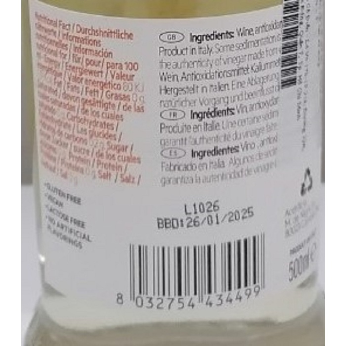 [500ml] GIẤM RƯỢU VANG TRẮNG [Italia] DE NIGRIS White Vinegar (cff-hk)