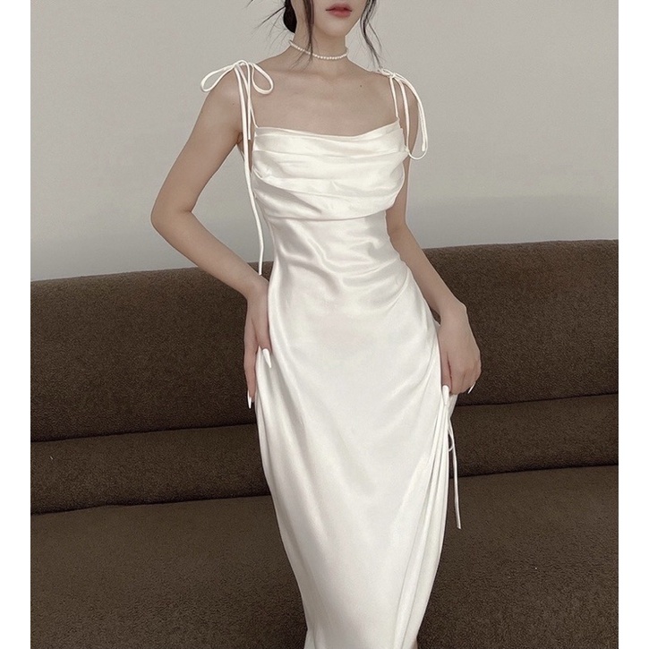Đầm dự tiệc dạ hội lụa hai dây rút xẻ tà nhún tiểu thư sang trọng