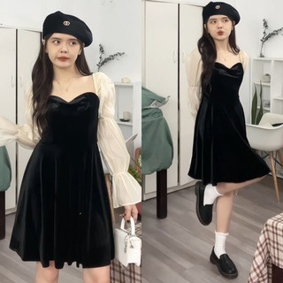 Váy nhung tiểu thư tay voan vnttpt