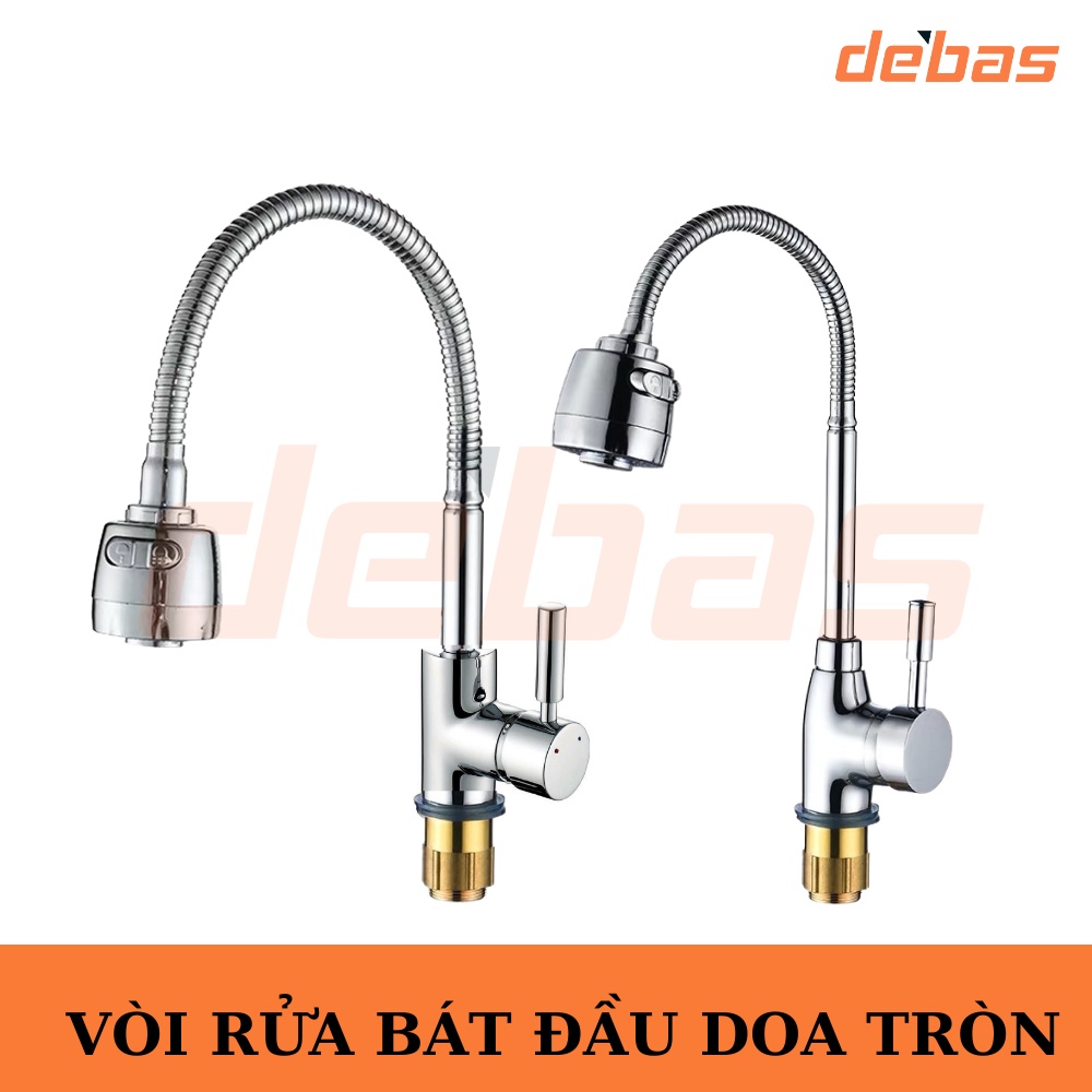 Vòi rửa bát đồng mạ crom nóng lạnh gắn chậu cần mềm to lò xo bẻ xoay 360 độ Debas V7202 V7203M