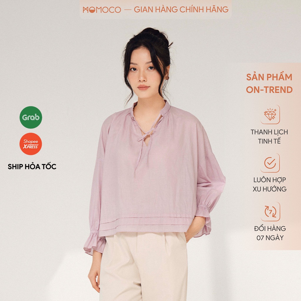 Áo Sơ Mi Cổ Nơ Tay Lửng MOMOCO Chất Thô Ít Nhăn, Mềm Mại, Thanh Lịch Nữ Tính M3015