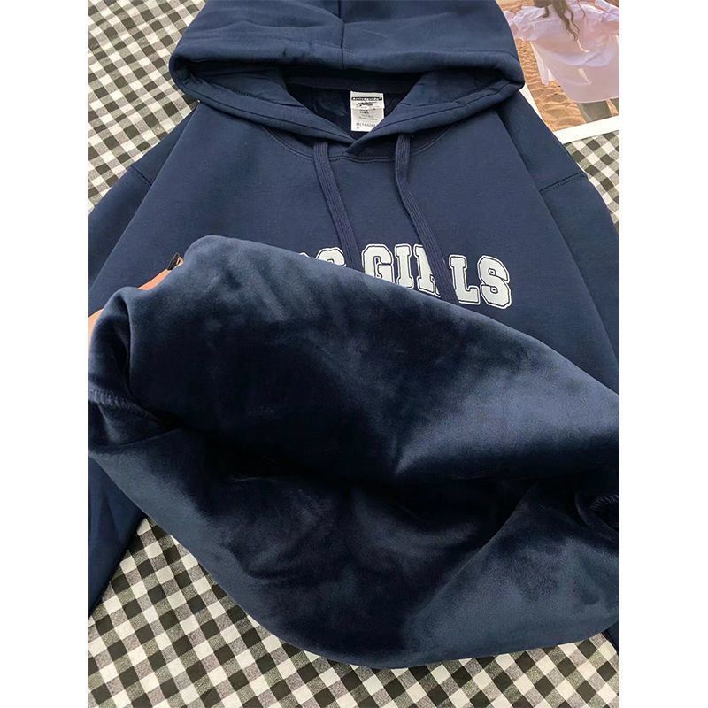 Áo Hoodie Dày Dặn Lót Lông Cừu Dáng Rộng Thời Trang Thu Đông Phong Cách Mỹ Cổ Điển
