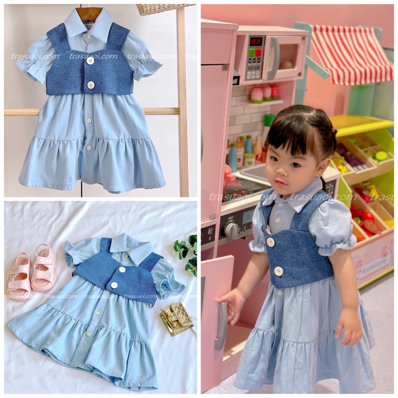 Váy sơ mi bé gái ngắn tay từ 8 - 26kg phối yếm Jeans khoác ngoài - TRASUAOI D070
