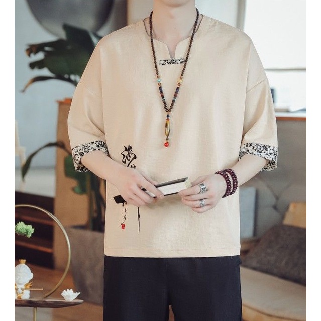 Áo Thun cotton Lanh Mỏng Dáng Rộng Tay Lửng Cổ Chữ v Cài Khóa Kiểu Trung Hoa Thời Trang Mùa Hè Mới Cho Nam