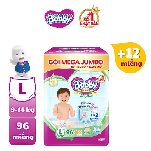 (Tặng 12 miếng) Mẫu mới gạo non Tã quần Bobby Mega Jumbo M120/L104 XL92/XXL84 mới