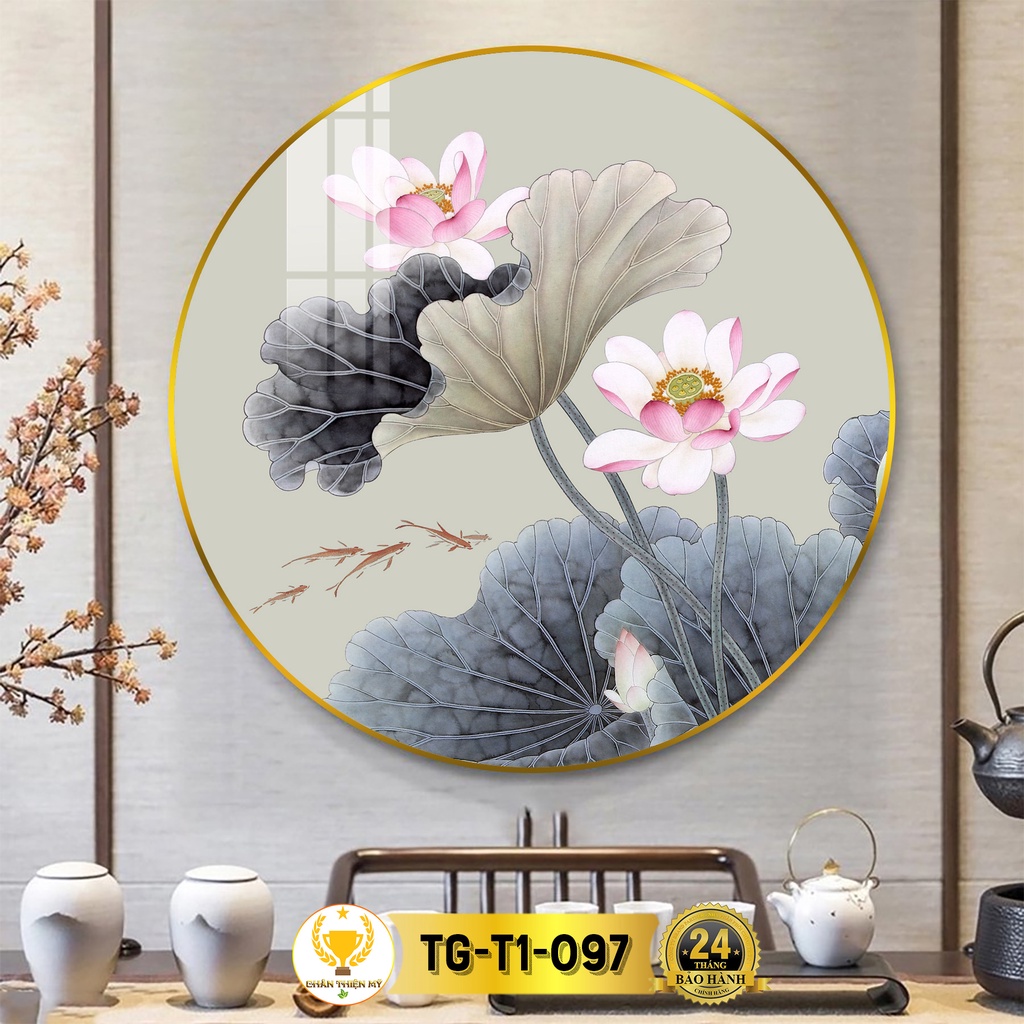Tranh Tráng Gương Pha Lê Tròn CHÂN THIỆN MỸ, Decor Treo Tường Trang Trí Phòng Hoa Sen TG-T1-097
