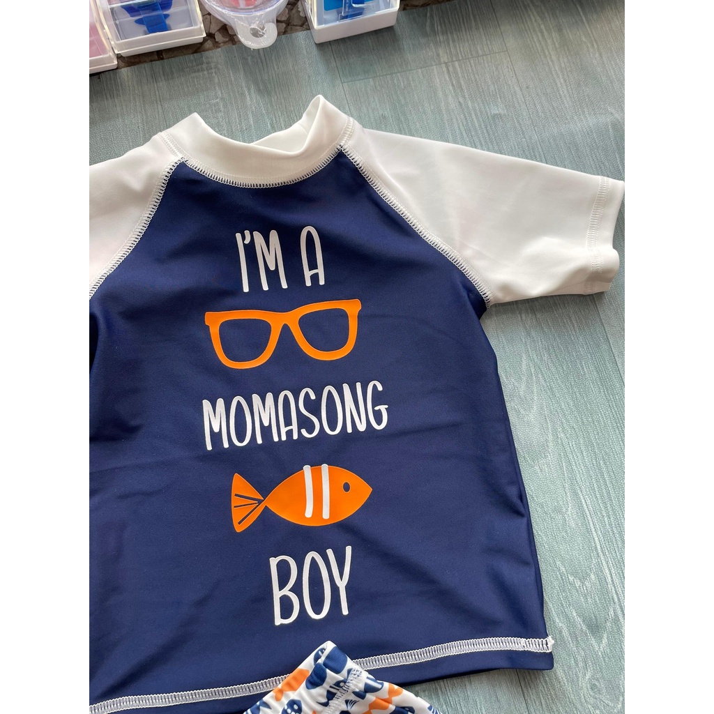 Bộ bơi bé trai cộc rời, xanh tay trắng, hình cá, Momasong  908048