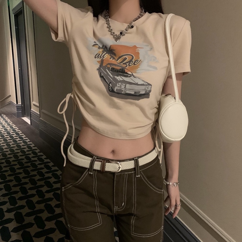 IELGY  IELGY Áo Thun Trễ Vai Rút Dây Phong Cách retro Mỹ Cho Nữ