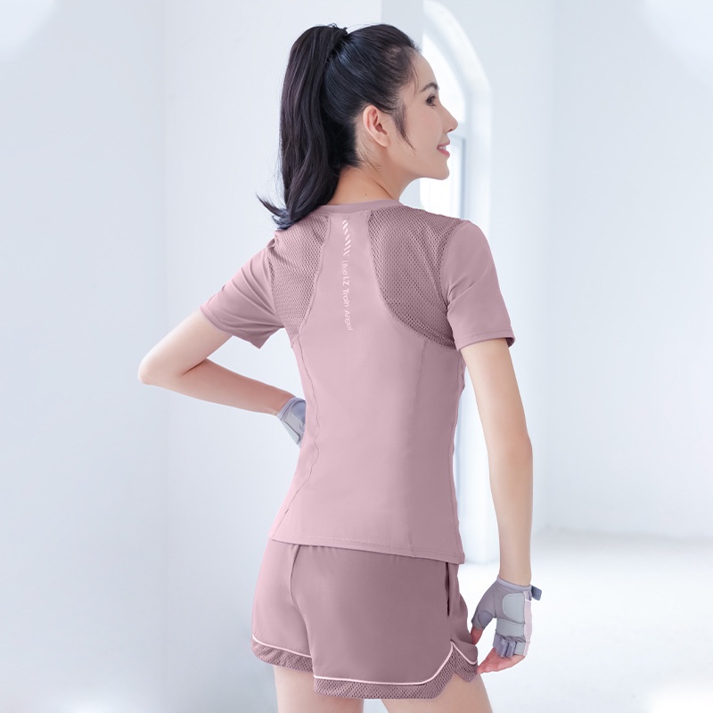 Quần áo yoga nữ màu nude lưới thoáng khí làm khô nhanh, quần áo chạy thể dục,áo thun ngắn tay thể thao