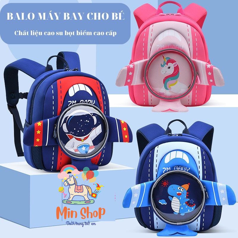Balo trẻ em, cặp sách cho bé trai bé gái đi học mẫu giáo mầm non hình máy bay chất liệu bọt biển cao cấp Min shop Kids