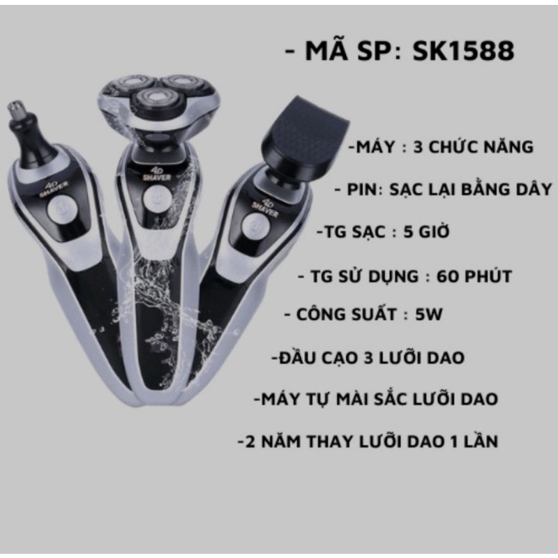 Máy cạo râu đa năng SK1588 máy cạo râu 3in 1 thông minh chống nước cao cấp