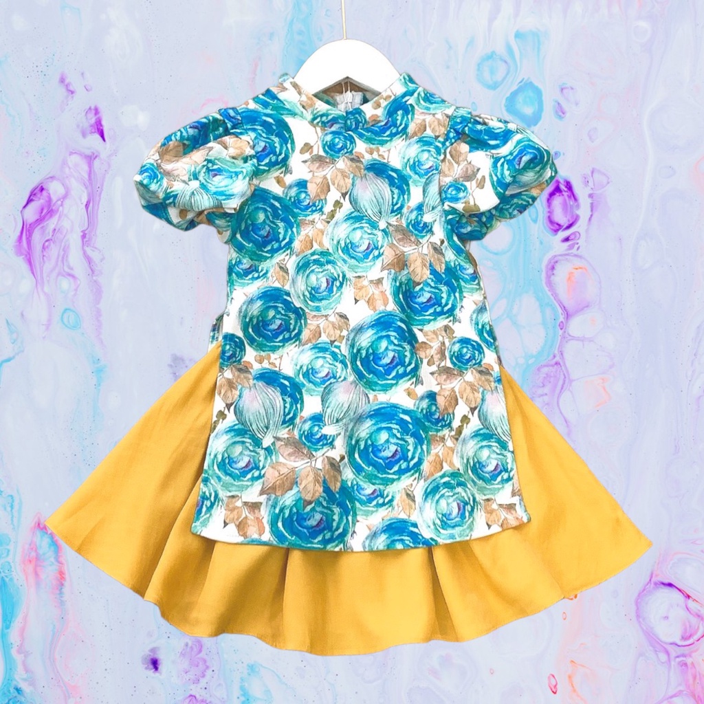 Áo dài cách tân bé gái mặc tết hoa màu hồng xanh tím vàng đỏ xòe cho bé đi chơi, lễ tết có size tới 24Kg