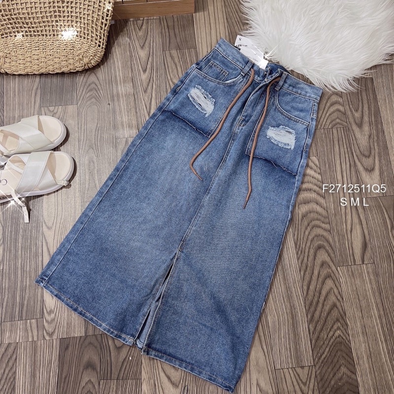 Chân váy jean dài xẻ kèm dây rút chuẩn dáng hàng sẵn giao ngay