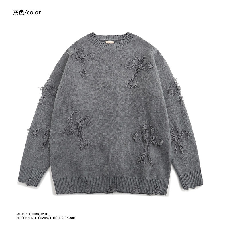 IMaodou Áo khoác sweater iMaodou cổ tròn dáng rộng thiết kế rách thời trang thu đông cho nam giới