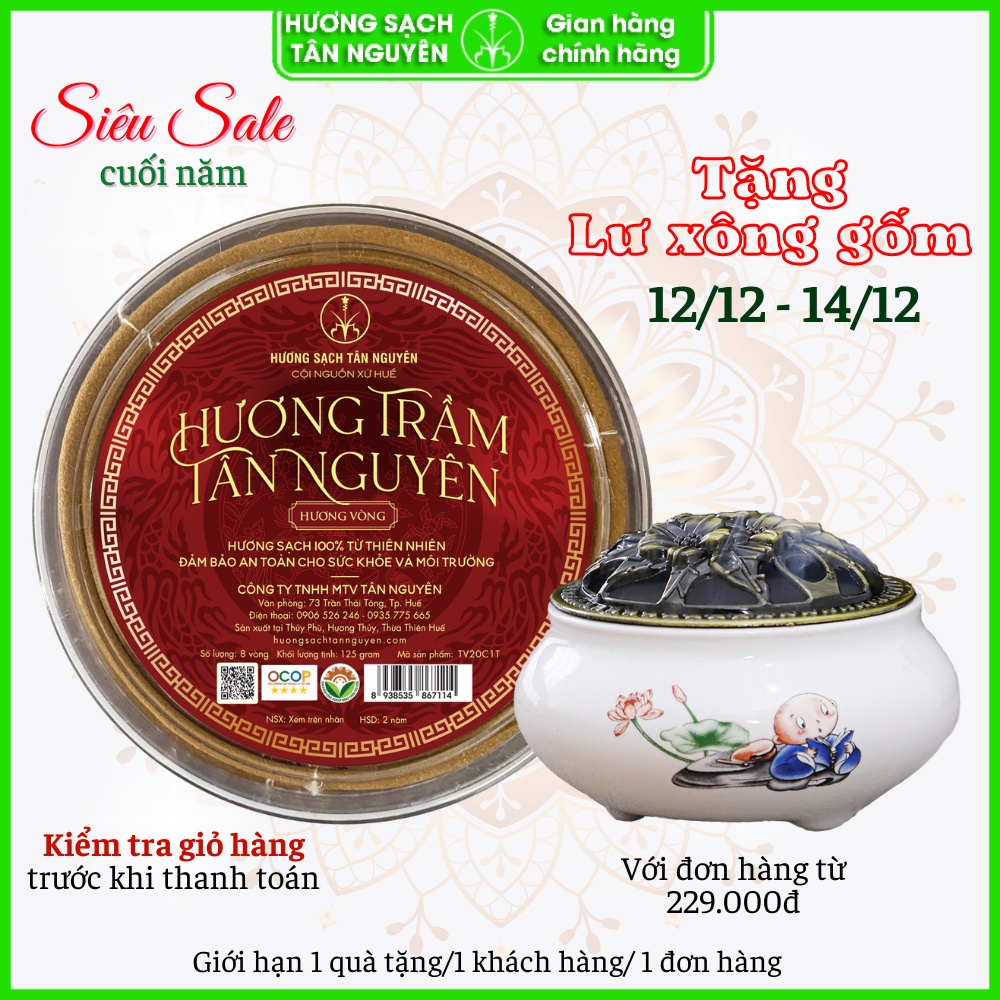 Hương vòng Tân Nguyên, nhang khoanh trầm hương, nhang trầm vòng, hàng cao cấp loại 1 cháy 11h