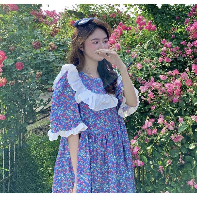 Váy Baby Doll Hoa Nhí Coban Xếp Bèo, Tiểu Thư Xinh Xắn