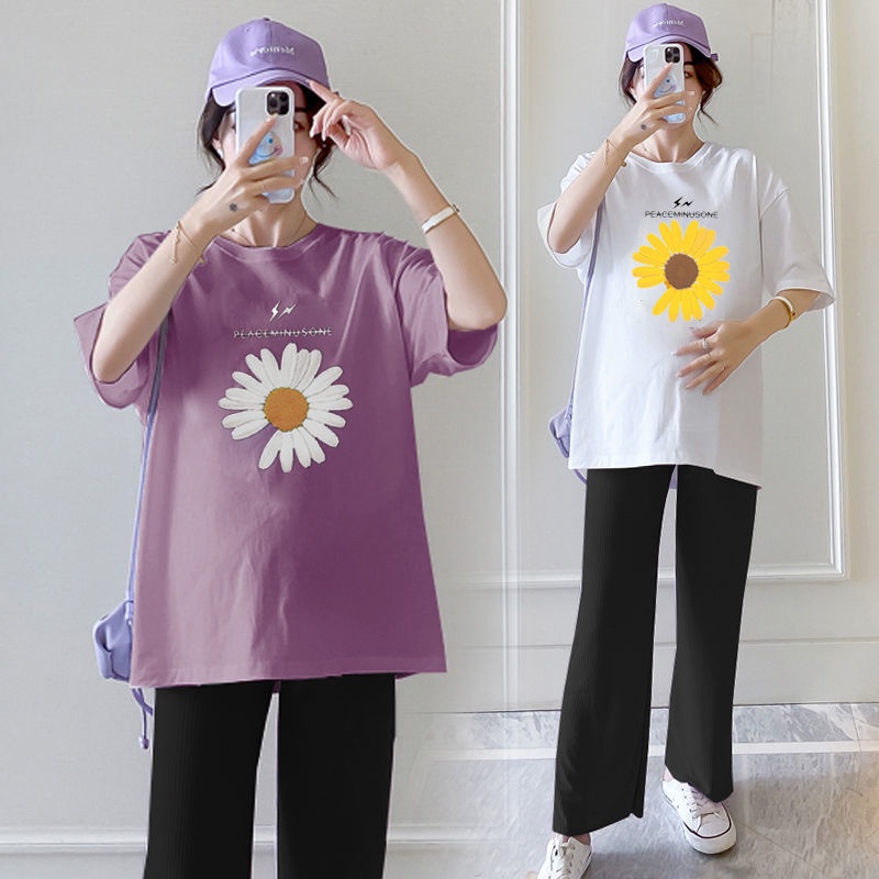 Bộ Áo Thun Tay Ngắn Dáng Rộng + Quần Dài Ống Rộng Phong Cách Hàn Quốc Thời Trang Mùa Hè Cho Mẹ Bầu X