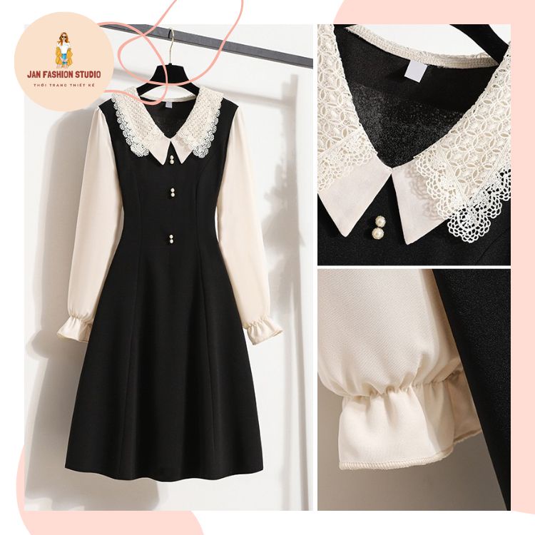 Váy đen thiết kế, chiết eo, cổ ren be tiểu thư, xinh xắn, dáng midi đi học, đi chơi, đi làm xinh