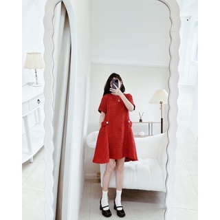 Váy dạ tweed đai eo dáng xoè