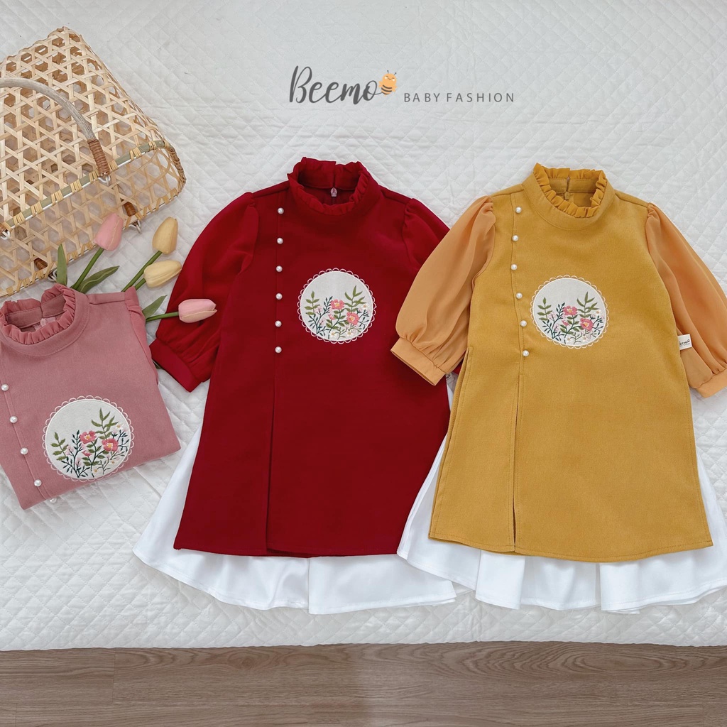 Áo dài cách tân thêu đáp đính ngọc Beemo cho bé gái