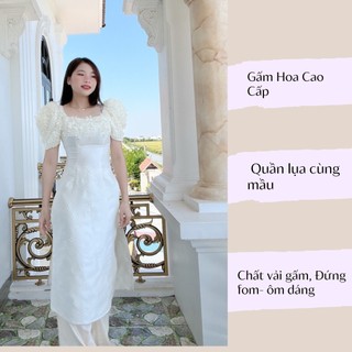 Áo dài " khổng tước " áo dài cách tân gấm hoa tay bồng cao cấp