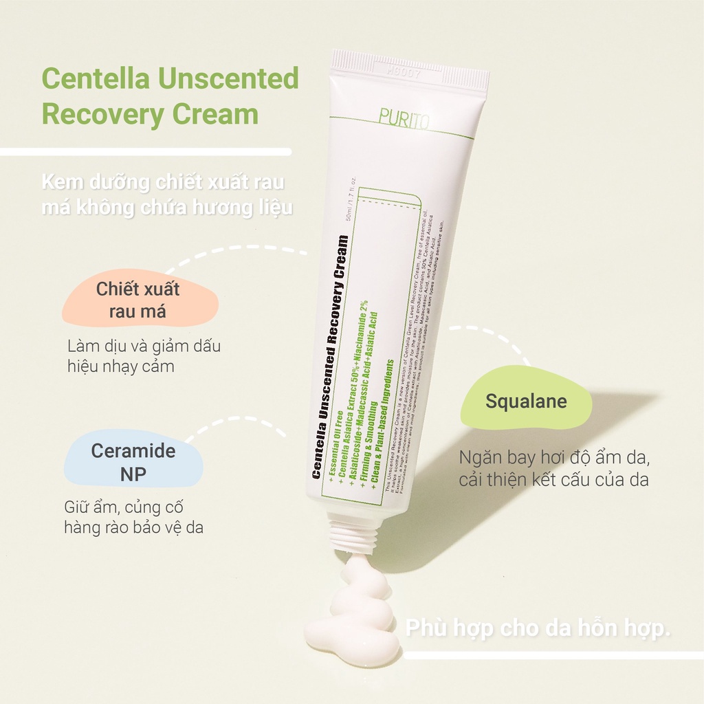 Kem dưỡng chiết xuất rau má không hương liệu PURITO Centella Unscented Recovery Cream