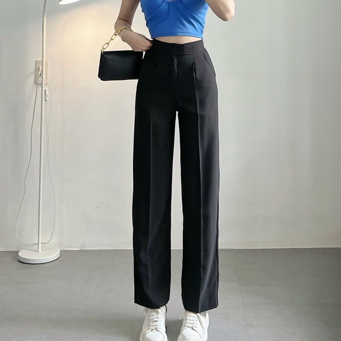 Quần suông nữ lưng cao HHVINTAGE kiểu 2 nút Mango Hàn co giãn Pant B07