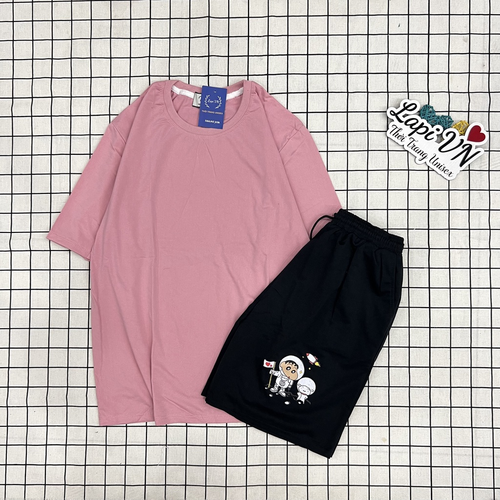 Đồ Bộ Trơn Kết Hợp Quần Lửng Hoạt Hình Form Rộng Unisex Lapi VN, Set Cartoon, Freesize,Thun Cotton, Nam Nữ Đều Mặc Được