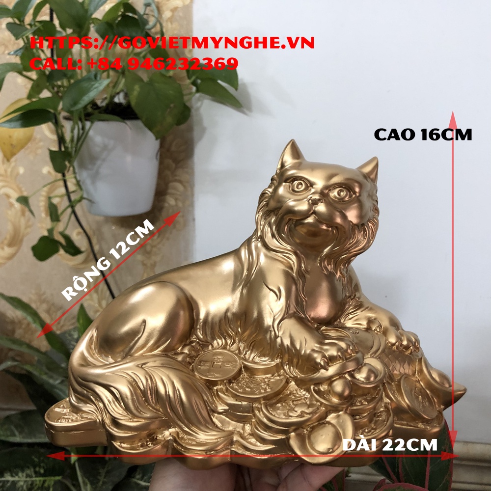 Tượng đá con mèo trang trí phong thủy bàn làm việc mang may mắn - Màu nhũ đồng - Chiều cao 16cm
