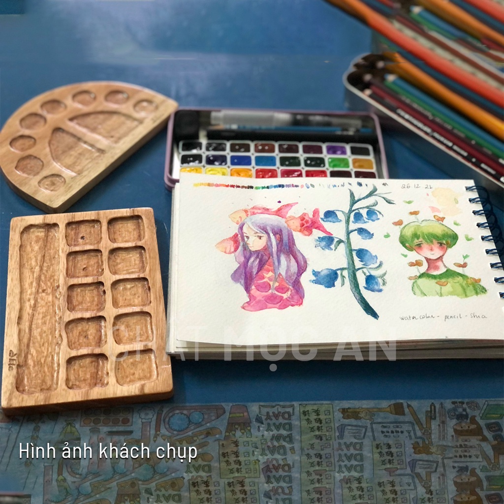 Khay Vẽ Gỗ, Khay Pha Màu Dùng Cho Màu Nước, Màu Acrylic Hàng Thủ Công Bền Đẹp
