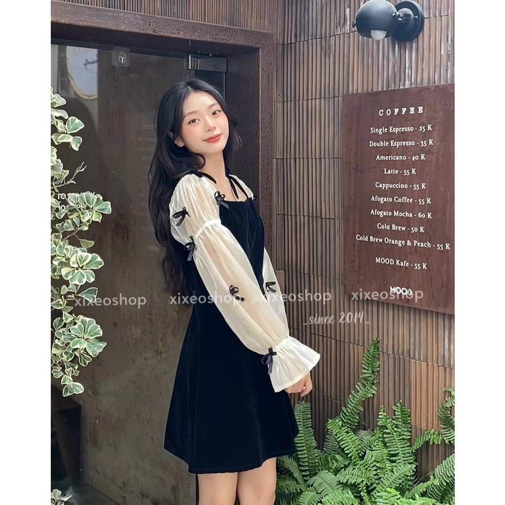 Đầm Nhung Cổ Vuông Tay Dài Đính Nơ Siêu Cute