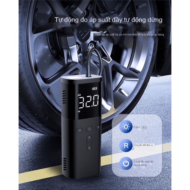 BƠM LỐP MINI KHÔNG DÂY TỰ ĐỘNG - XILANH THÉP - TÍCH HỢP PIN SẠC DỰ PHÒNG, ĐÈN LED SOI SÁNG