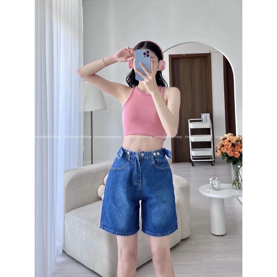 Quần jean nữ short ngố xanh form lửng ống rộng trơn Emilyshop