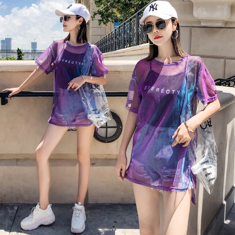 Set Áo Thun Tay Ngắn + Áo Thun Lưới Thiết Kế Mới Thời Trang Mùa Hè Dành Cho