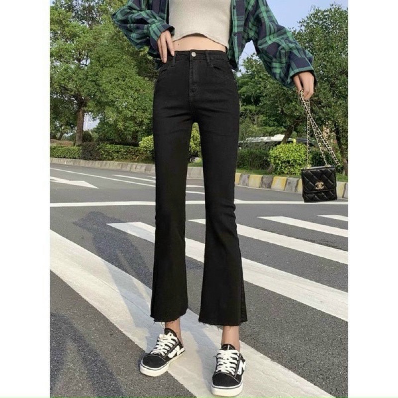 Quần jean ống loe lưng cao màu đen trơn vải jean giấy co giãn Hàn Quốc