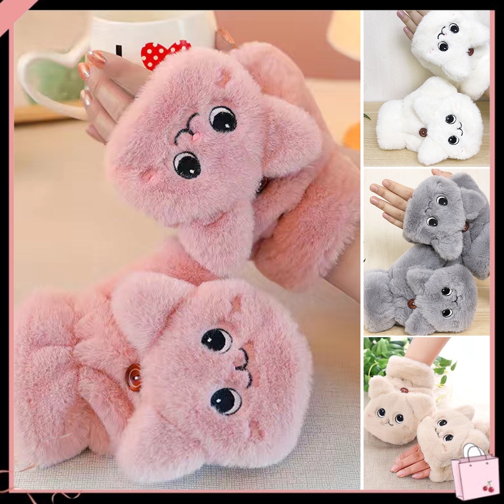 1 Đôi Găng Tay Lông Xù Dày Hai Lớp Hở Ngón Giữ Ấm Mềm Mại Họa Tiết Mèo Hoạt Hình Dành Cho Nữ Dùng Trong Văn Phòng
