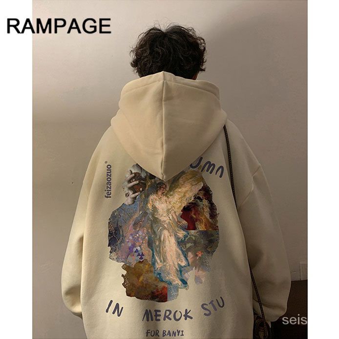 Áo Khoác Hoodie Lót Lông Cừu Dày Cỡ Lớn In Họa Tiết Tranh Sơn Dầu Kiểu Retro Mỹ Mùa Thu Đông Cho Nam