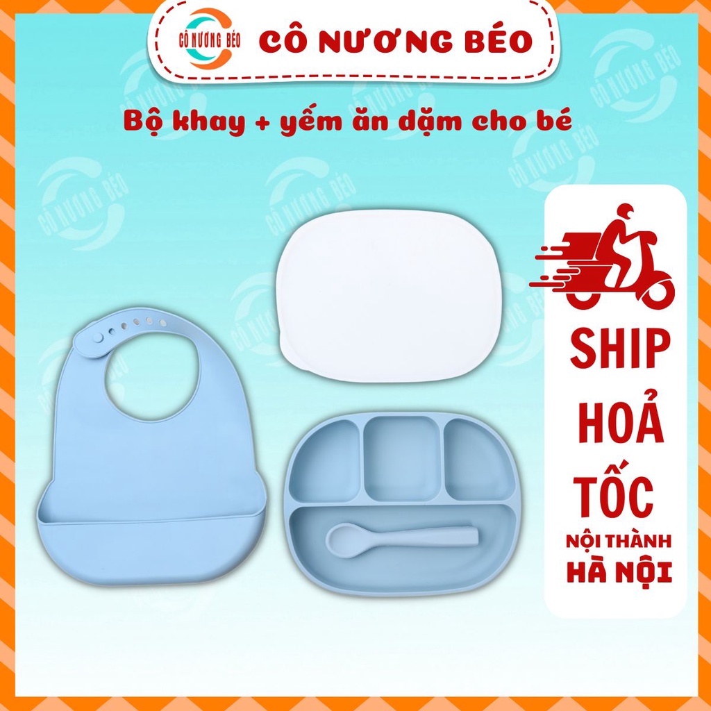 Bộ khay, yếm, thìa ăn dặm silicon khay 4 ngăn có đế hút chống đổ Đồ ăn vặt Cô Nương Béo