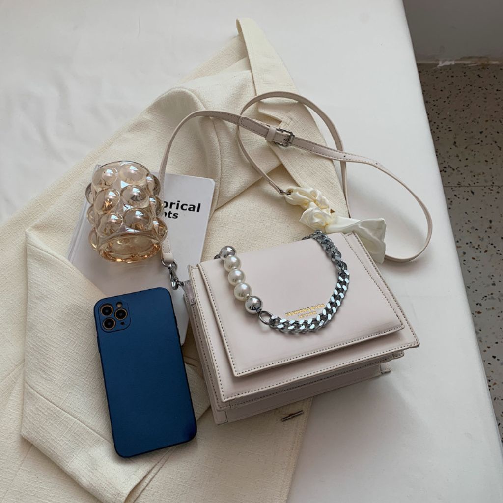 Túi Đeo Chéo, Túi Xách Nữ 2 Ngăn Dây Xích Ngọc Phối Nơ Đi Chơi Sang Trọng, Chất Da PU Cao Cấp