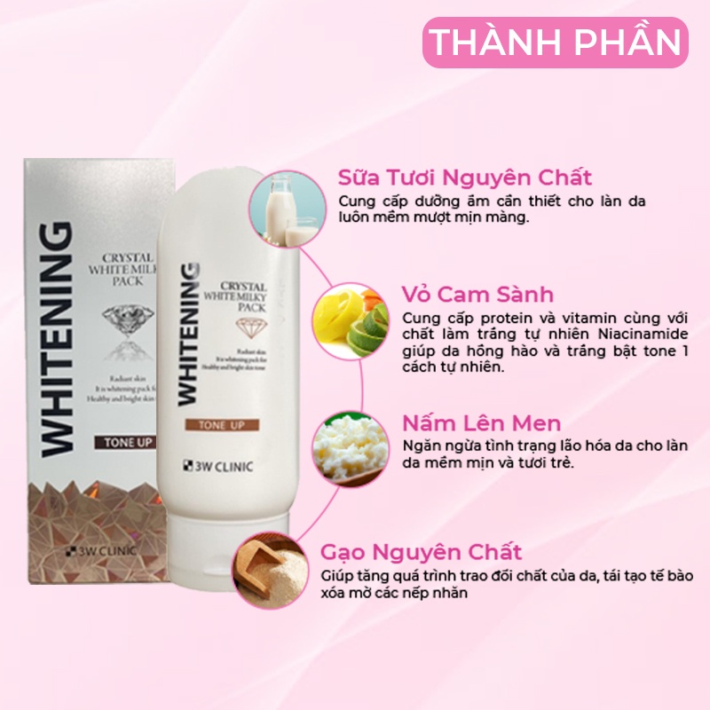 Kem Ủ Trắng Body Nâng Tone 3W Clinic Hàn Quốc Crystal White Milky Body Lotion giúp trắng da và dưỡng ẩm 200ml