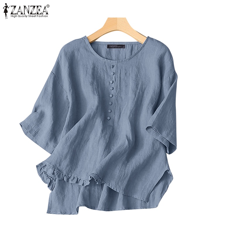 Áo nữ ZANZEA tay lửng cổ tròn phối nút phong cách đường phố Hàn Quốc
