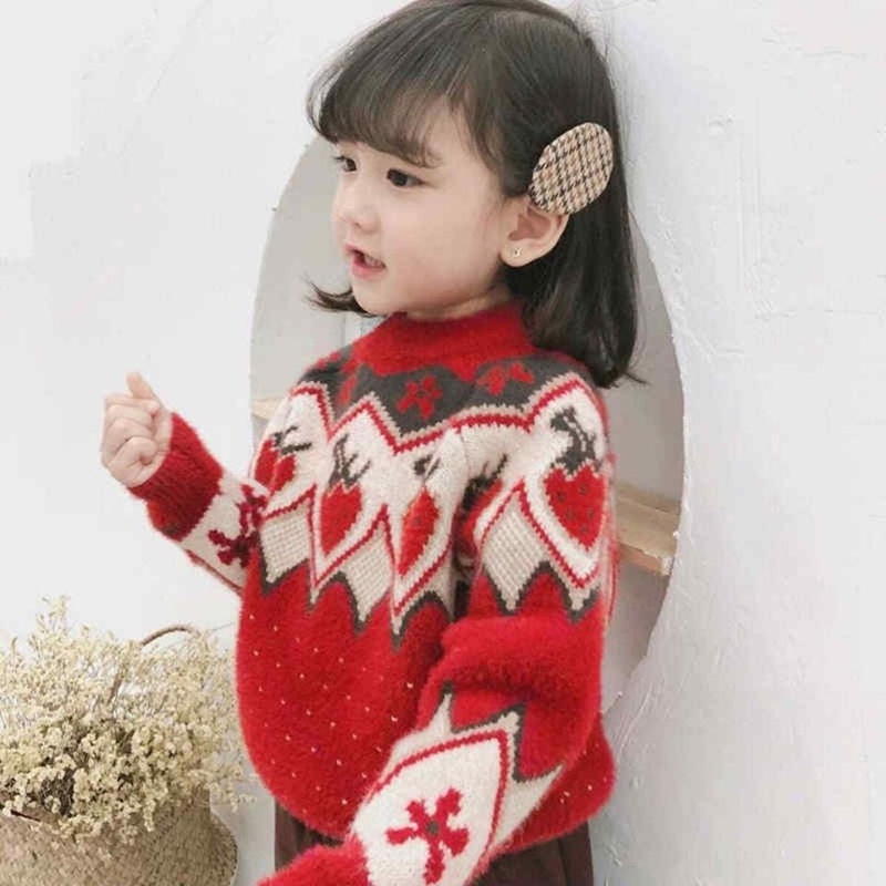 Áo sweater IQ Angel vải lông cừu dày thêu họa tiết chấm bi và dâu tây phong cách Giáng Sinh xinh xắn dành cho bé gái