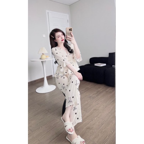 Bộ mặc nhà lụa latin phong cách tiểu thư bánh bèo tay lỡ áo croptop freesize dưới 55kg