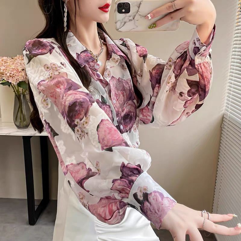 Áo Sơ Mi Chiffon Tay Phồng Dáng Rộng In Họa Tiết Thời Trang Hàn Quốc Cho Nữ