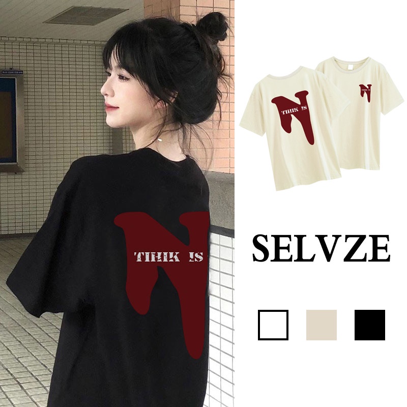 Áo thun SELVZE cotton tay ngắn cổ tròn dáng rộng in họa tiết đường phố Mỹ thời trang cho nữ