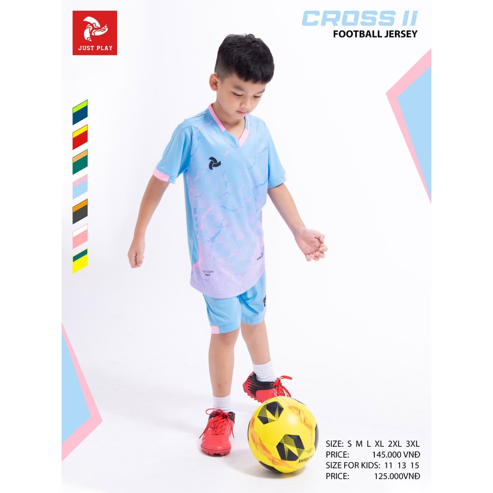 Quần áo đá banh trẻ em không logo Just Play Cross 2 màu xanh biển CÓ IN TÊN SỐ